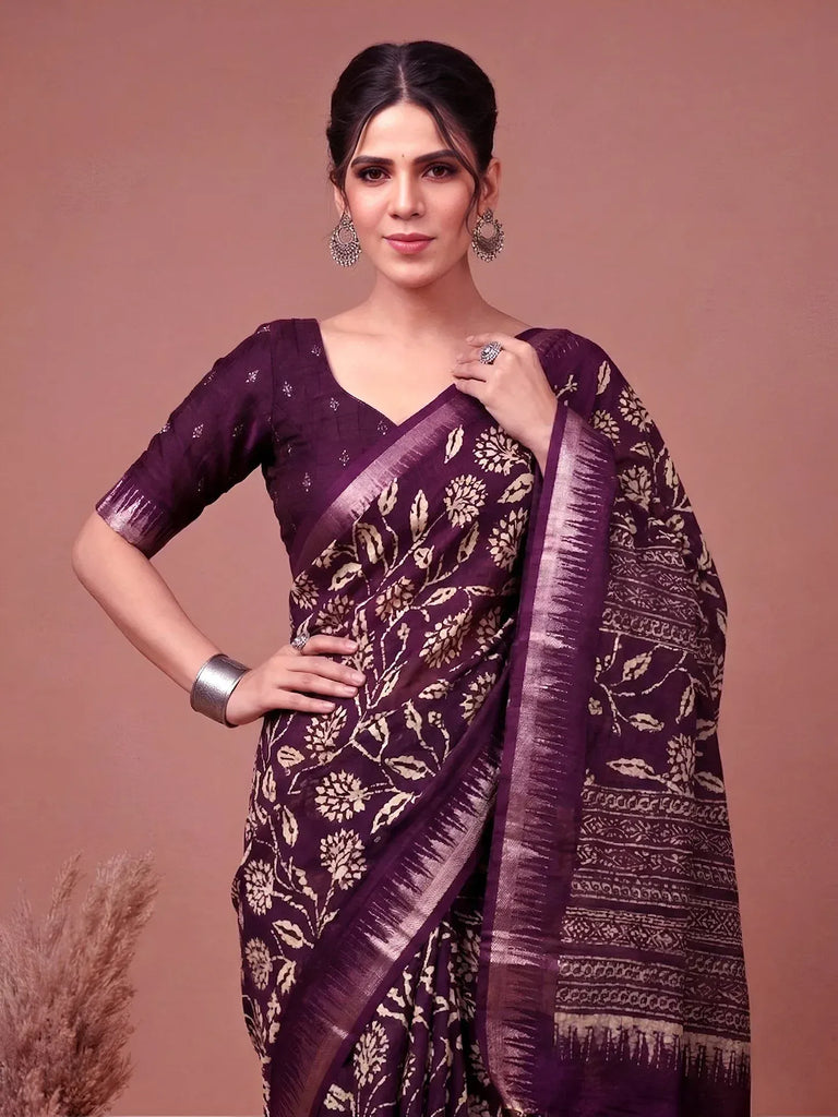 Majestic Wine Floral Printed Silk Casual Wear Saree With Blouse