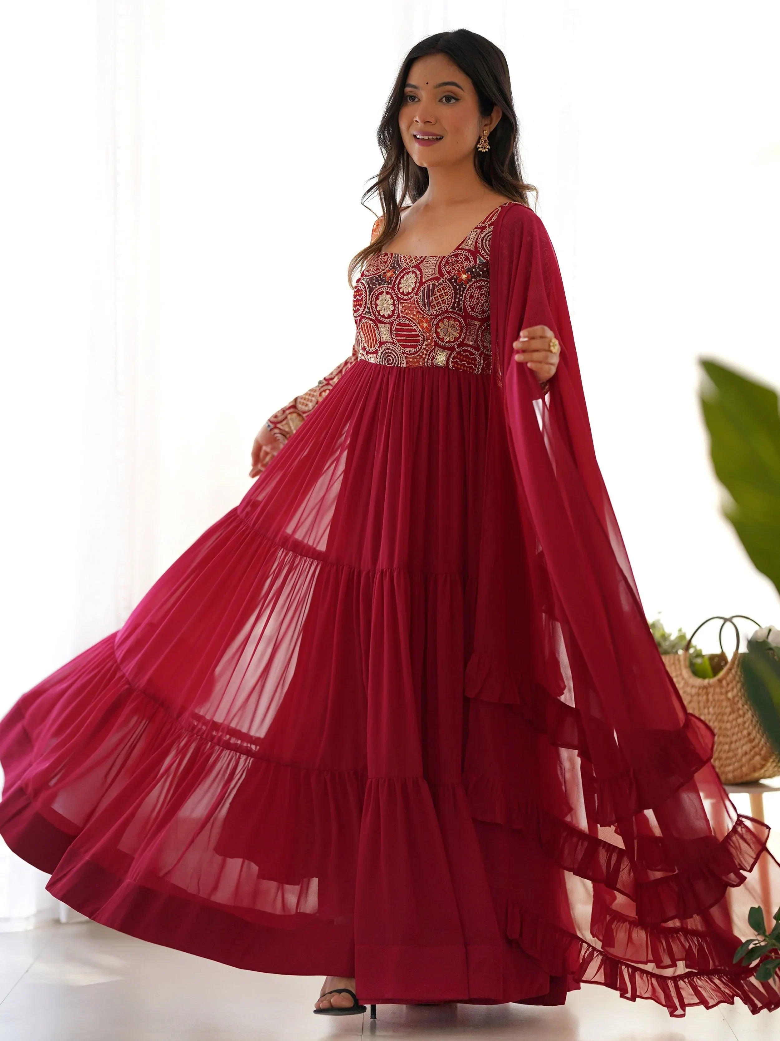Fabulous Maroon Embroidered Georgette Festive Wear Gown With Dupatta
