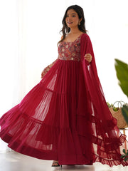 Fabulous Maroon Embroidered Georgette Festive Wear Gown With Dupatta
