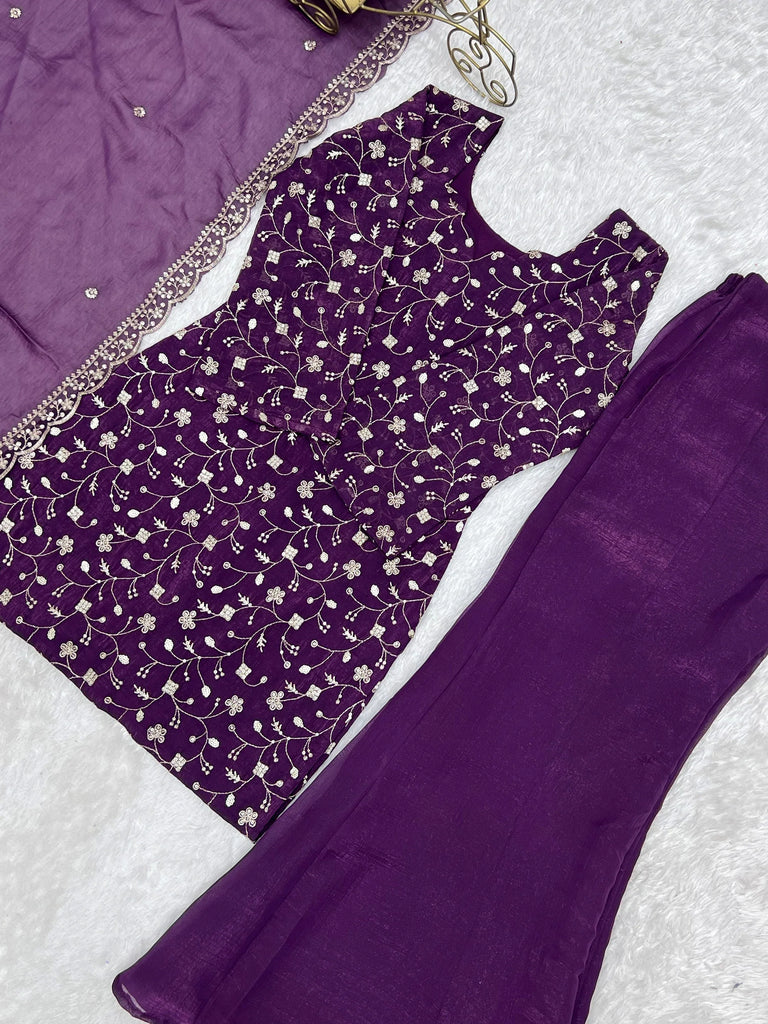Beautiful Purple Sequins Silk Function Wear Pant Suit