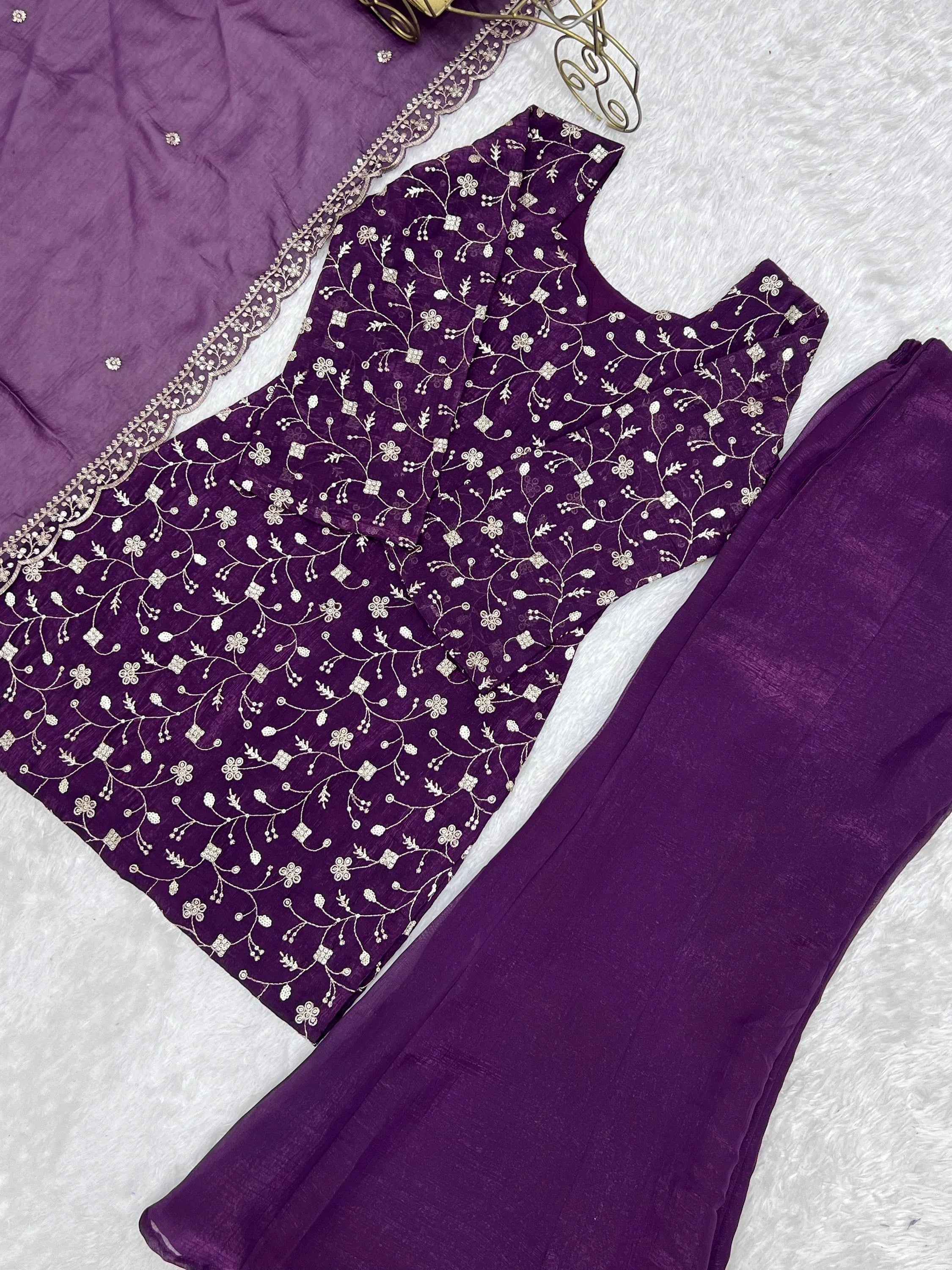 Beautiful Purple Sequins Silk Function Wear Pant Suit
