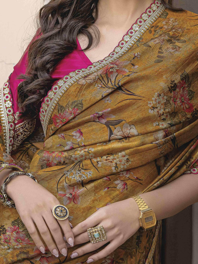 Adorning Mustard Yellow Floral Printed Silk Traditional Saree