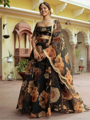 Beautiful Black Floral Printed Organza  Event Wear Lehenga Choli