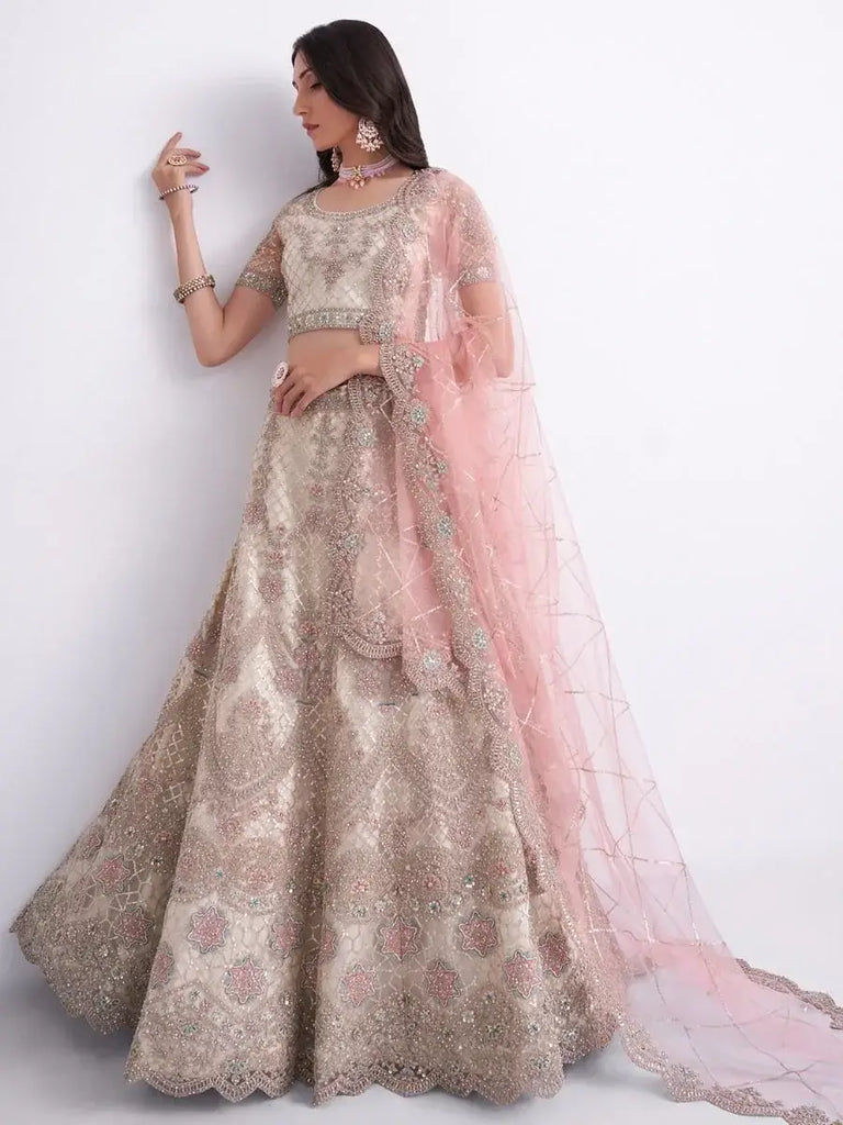 Lustrious Off-white Cording Work Net Bridal Lehenga Choli
