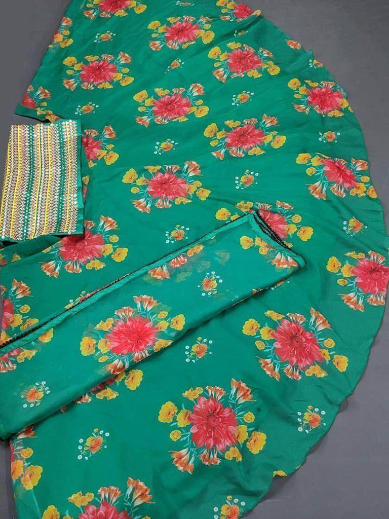 Wonderful Green Umbrella Printed Organza Party Wear Lehenga Choli