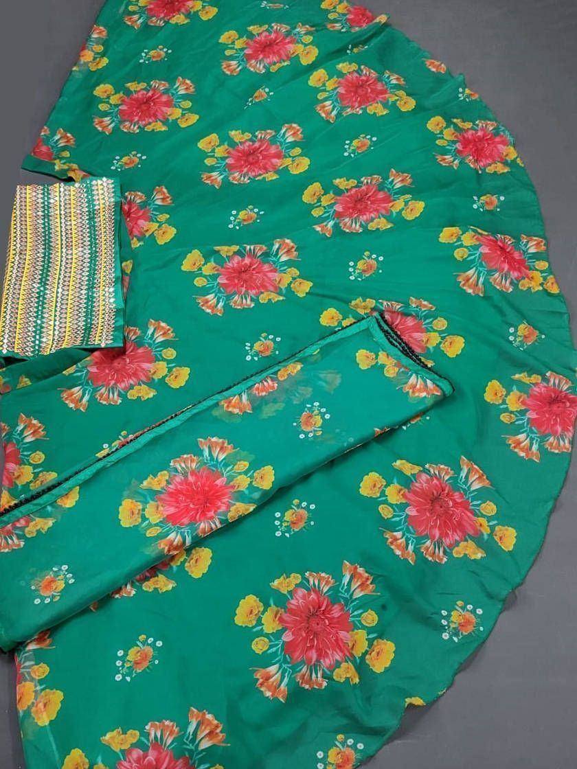 Green floral print saree with yellow and red flowers, ethnic wear for women