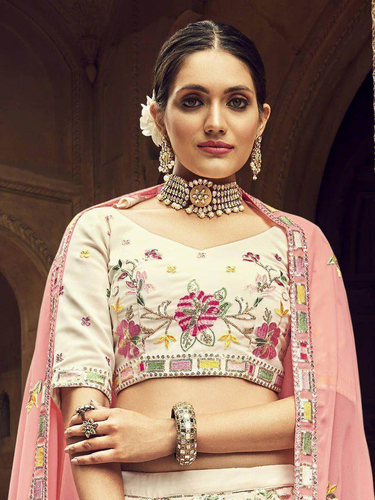 Classic Beige Thread Embroidered Georgette Wedding Wear Lehenga Choli