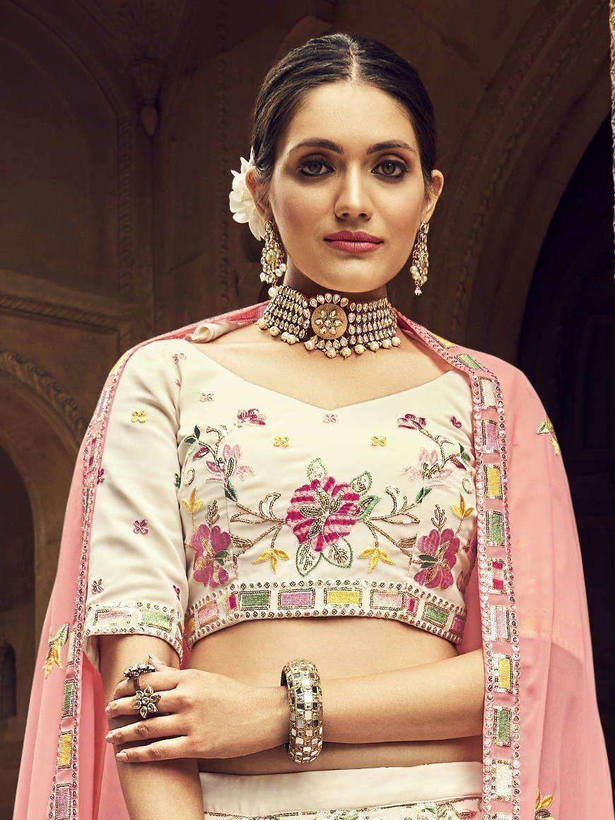 Elegant floral embroidered lehenga choli with pink dupatta, perfect for Indian ethnic wear occasions
