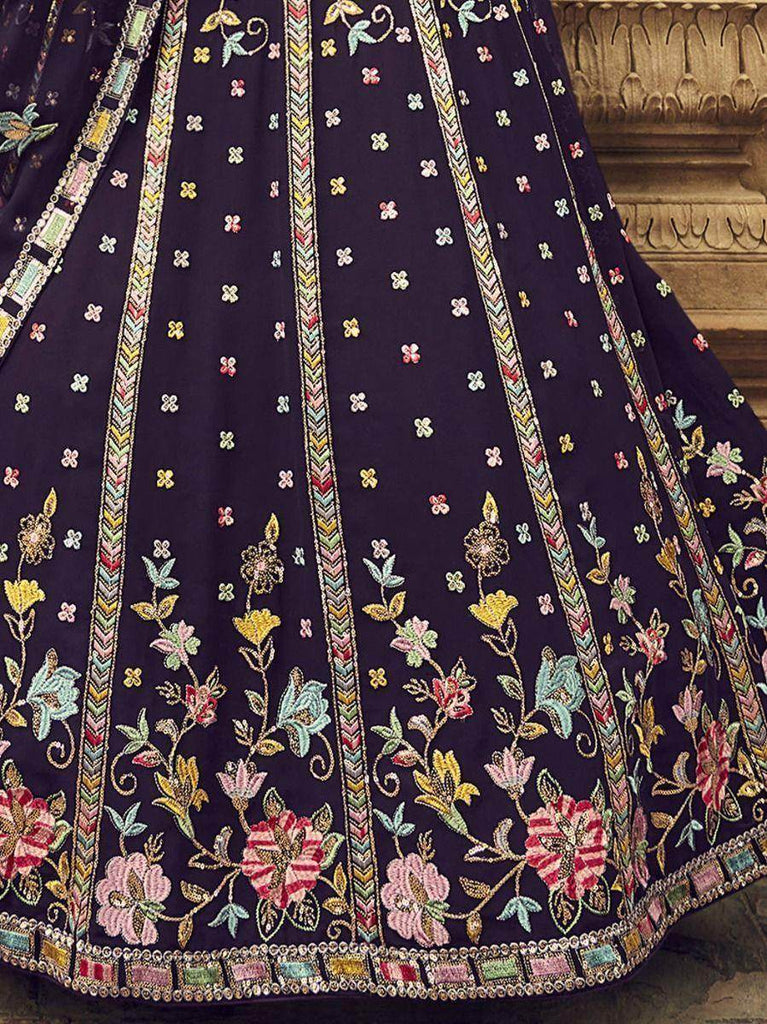 Amazing Purple Thread Embroidered Georgette Wedding Wear Lehenga Choli