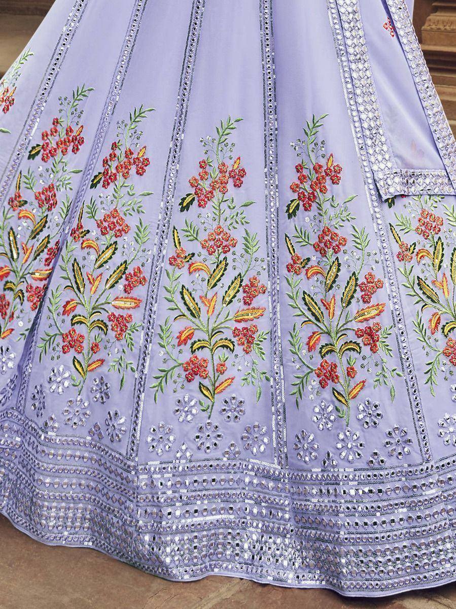 Lavender lehenga with floral embroidery and mirror work, ethnic Indian wear