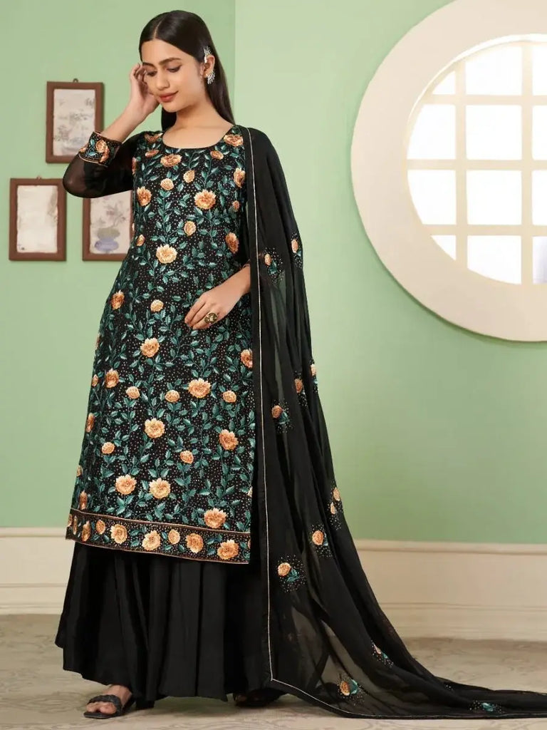 Amazing Black Sequins Embroidery Georgette Function Wear Sharara Suit