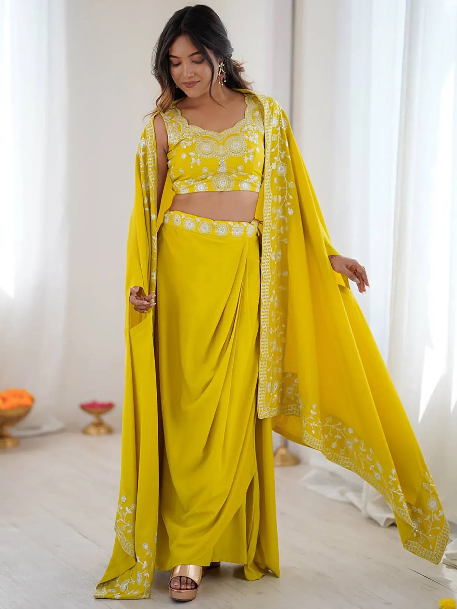 Stylish Yellow Sequins Crepe Indo-Western Drape Lehenga Set With Shrug