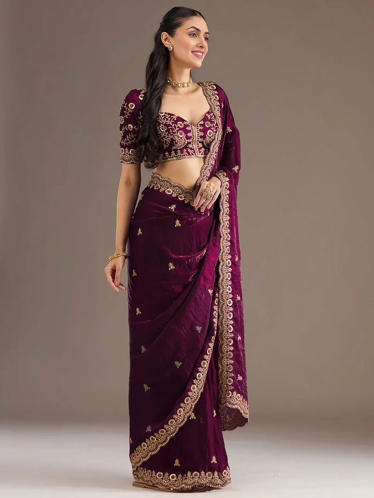 Stunning Wine Embroidered Silk Reception Wear Saree With Blouse