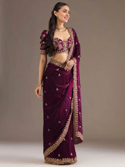 Stunning Wine Embroidered Silk Reception Wear Saree With Blouse