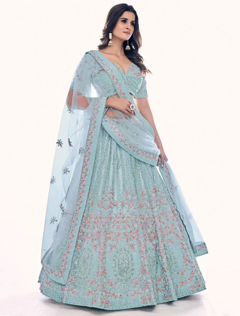 Marvelous Ocean Blue Embroidered Soft Net Lehenga Choli