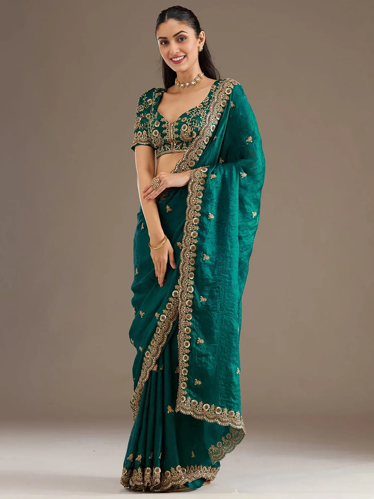 Charming Green Zari Embroidered Silk Reception Wear Saree With Blouse