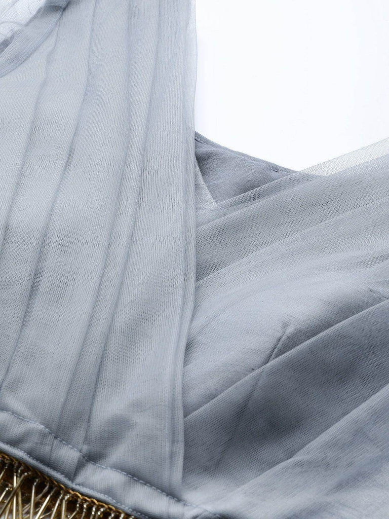 Grey & Golden Semi-Stitched Embellished Myntra Lehenga & Unstitched Blouse with Dupatta