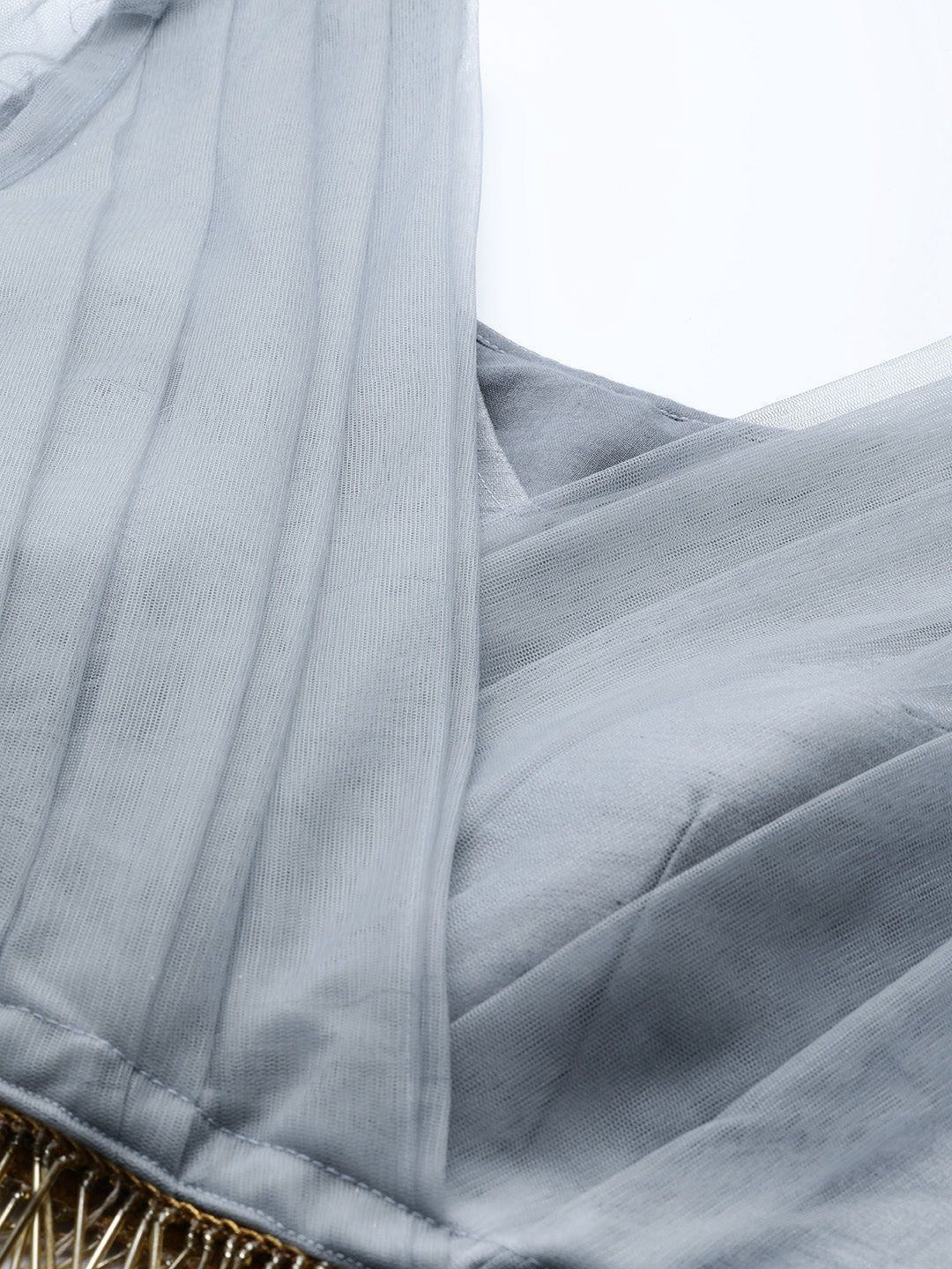 Grey & Golden Semi-Stitched Embellished Myntra Lehenga & Unstitched Blouse with Dupatta