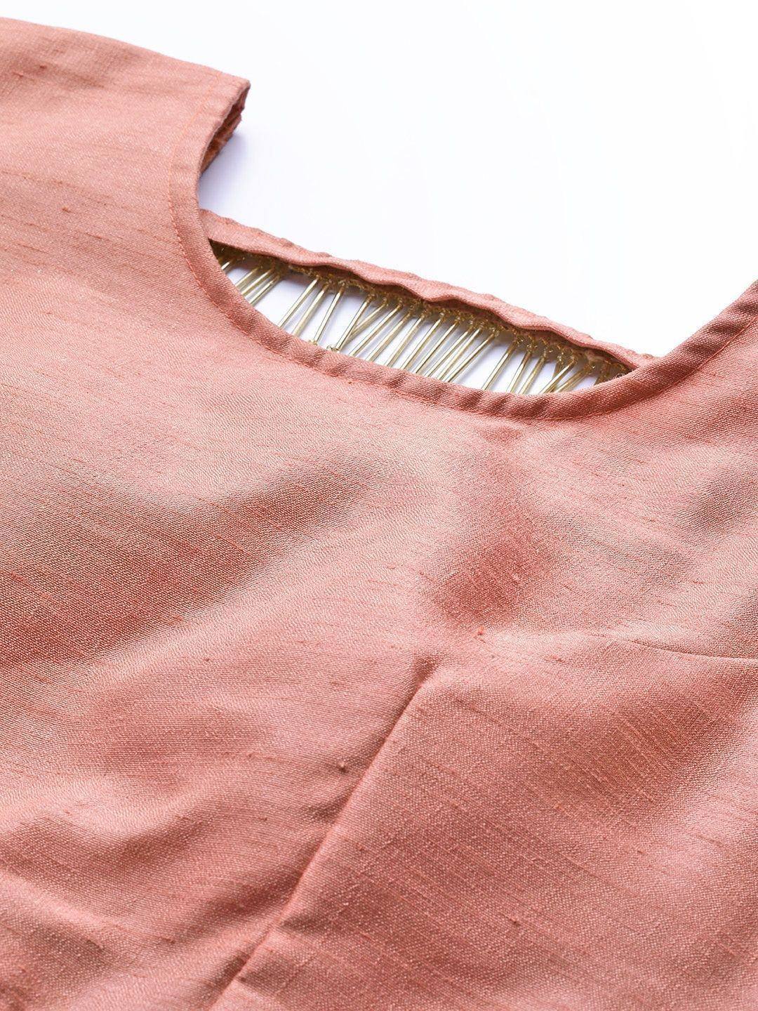 Pink ethnic blouse with gold thread detailing at neckline, ideal for lehenga choli or saree