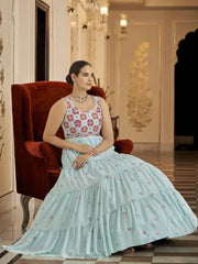 Pleasing Sky Blue Thread & Sequins Work Georgette Ruffle Gown