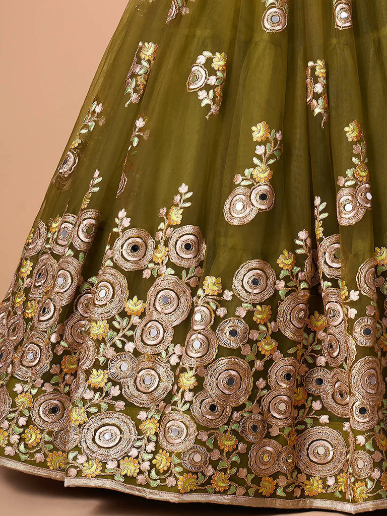 Gorgeous Olive Green Embroidered Net Wedding Lehenga Choli