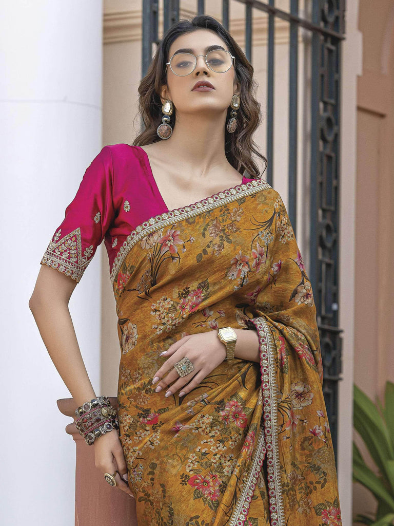 Adorning Mustard Yellow Floral Printed Silk Traditional Saree