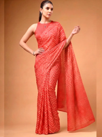 Likeable Coral Red Zig-Zag Printed Satin Wedding Wear Saree With Blouse