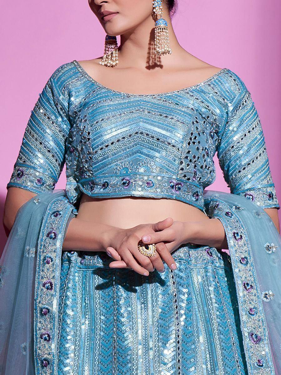 Blue designer lehenga choli with sequin embroidery and matching dupatta, perfect for Indian ethnic wear events