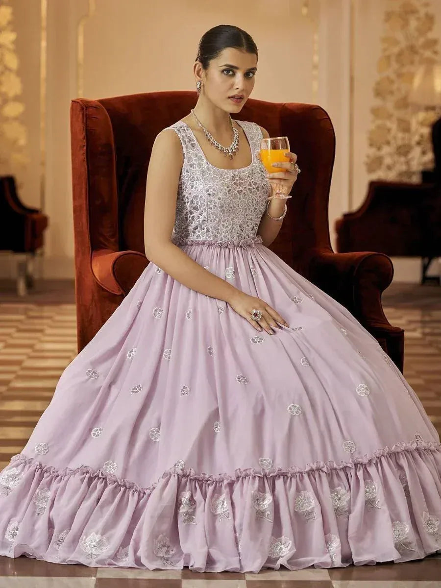 Lavender ethnic gown with silver embroidery, perfect for Indian weddings or festive occasions