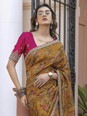 Adorning Mustard Yellow Floral Printed Silk Traditional Saree