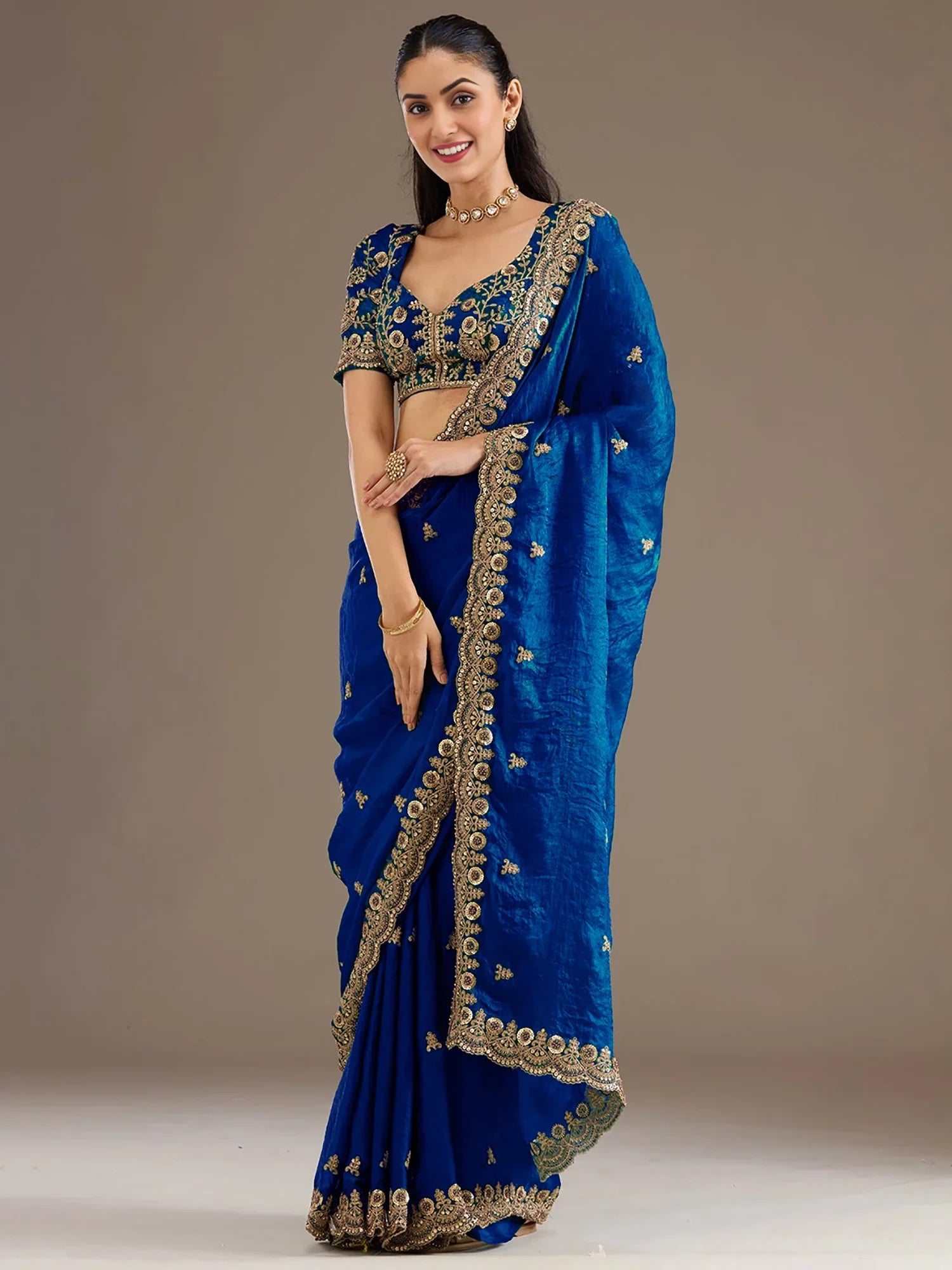 Dazzling Blue Embroidered Silk Festive Wear Saree With Blouse