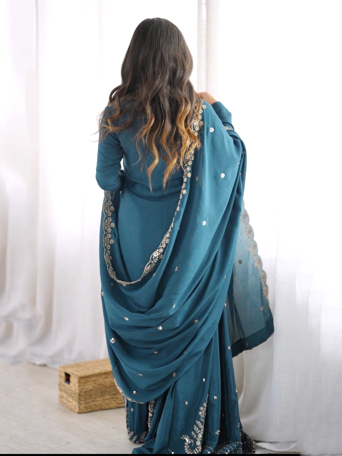 Charming Teal Blue Bead Work Chinon Wedding Wear Palazzo Suit