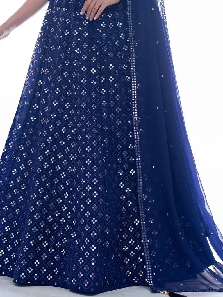 Wonderful Navy-Blue Thread Embroidered Georgette Lehenga Choli
