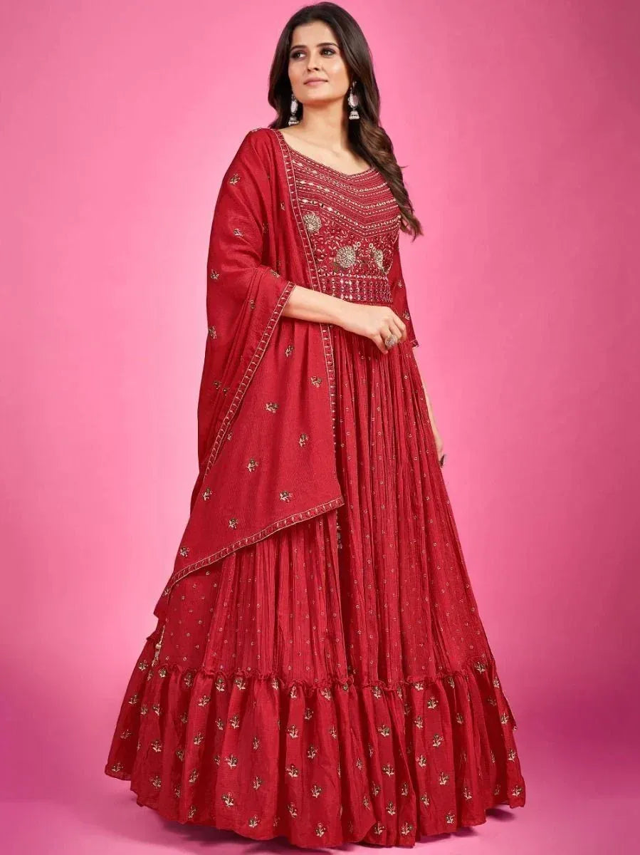 Red embroidered lehenga choli with gold detailing, perfect for Indian ethnic wear occasions