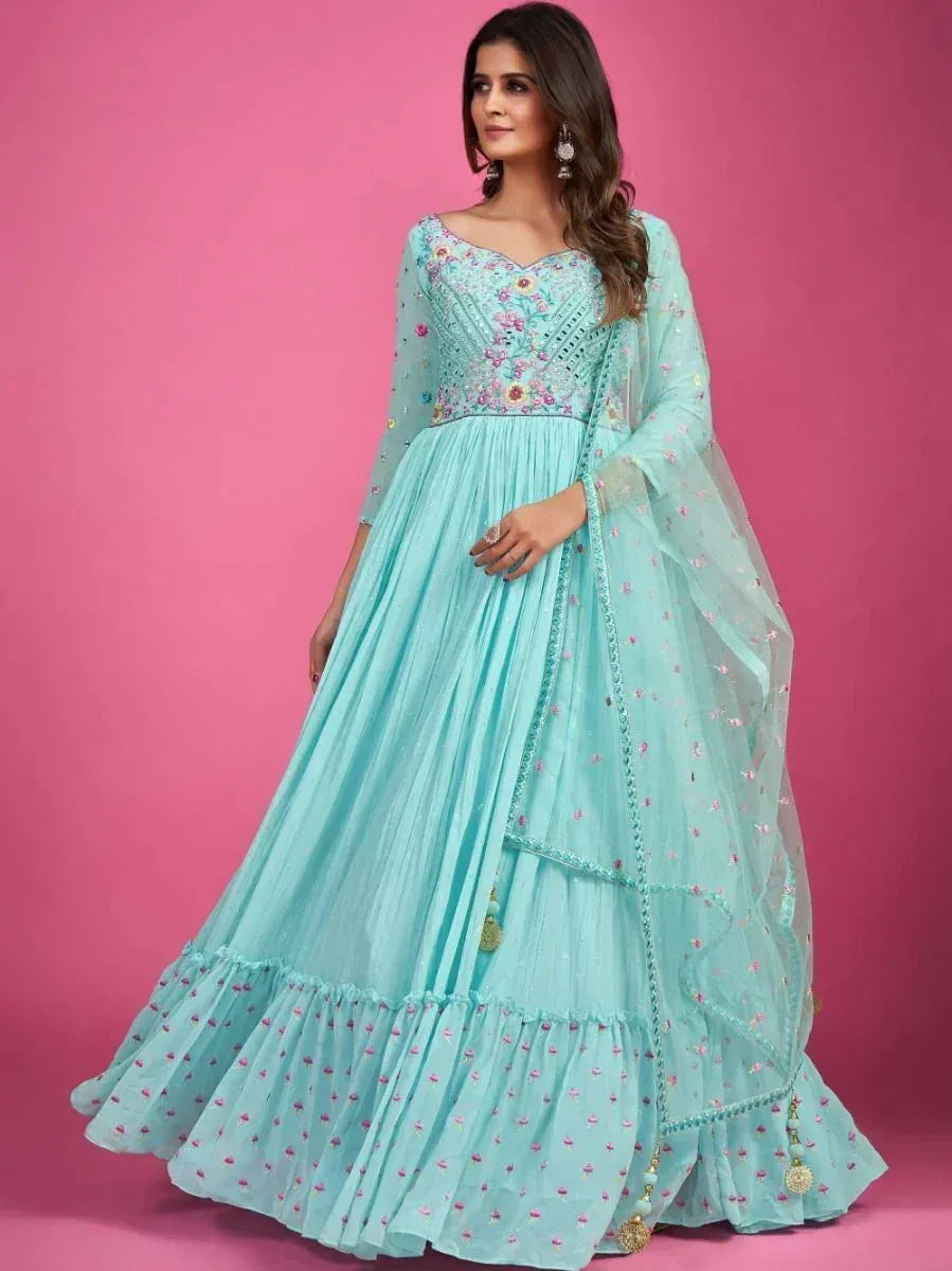 Mint green embroidered anarkali gown with floral detailing and sheer dupatta, perfect for Indian ethnic occasions