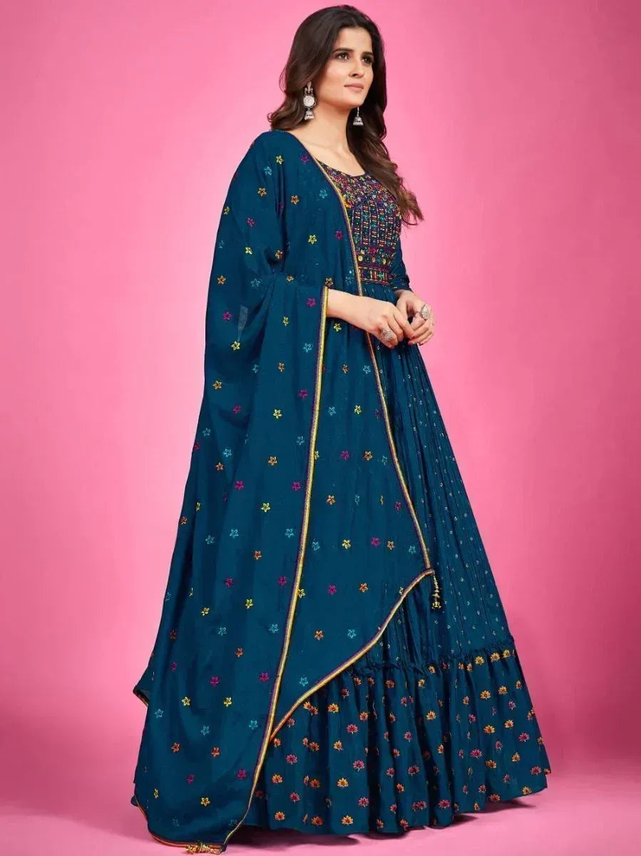 Teal floral embroidered lehenga choli with gold trim, Indian ethnic wear for women