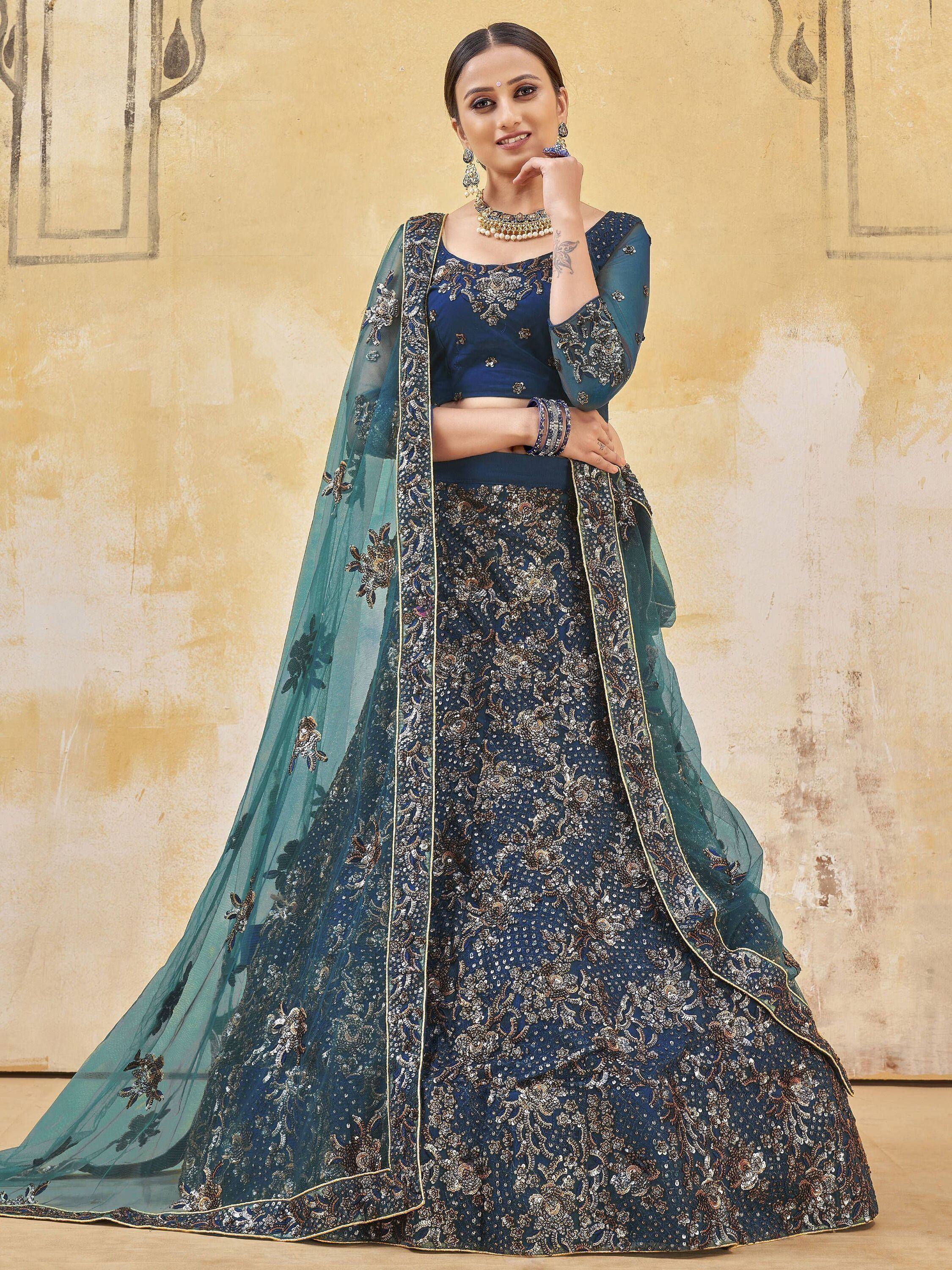 Blue embroidered lehenga choli with sheer dupatta, Indian ethnic wear for weddings and parties