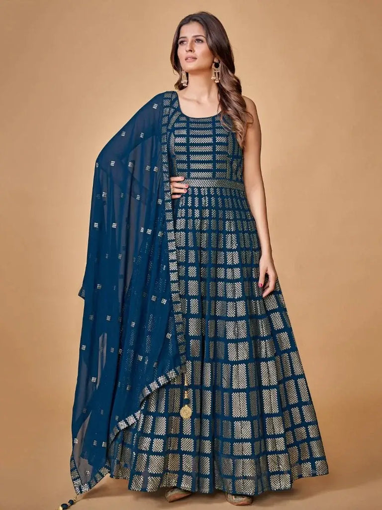Ornate Navy Blue Sequined Work georgette festival Wear Gown
