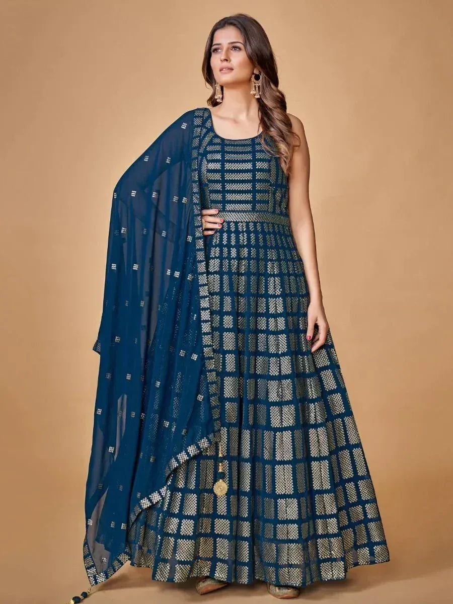 Blue and gold embroidered anarkali gown with matching dupatta, perfect for Indian ethnic occasions