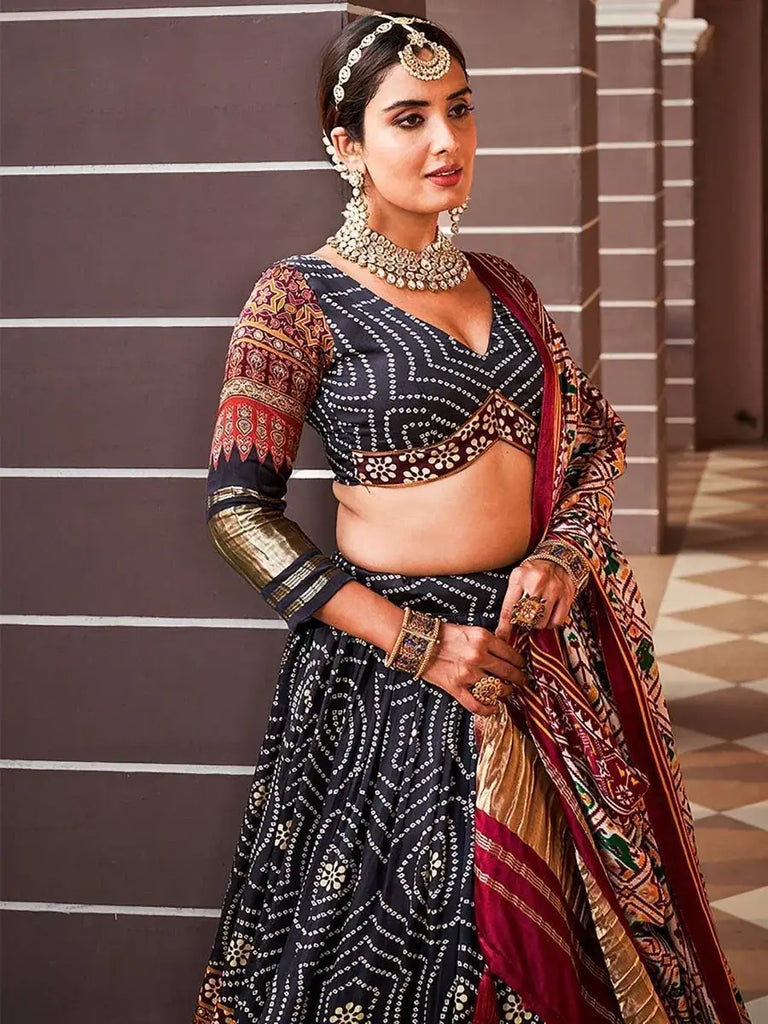 Stunning Black Digital printed Gaji Silk Navratri Lehenga Choli