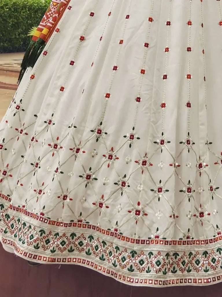 Enchanting White Thread & Sequins Work Georgette Lehenga With Printed Dupatta