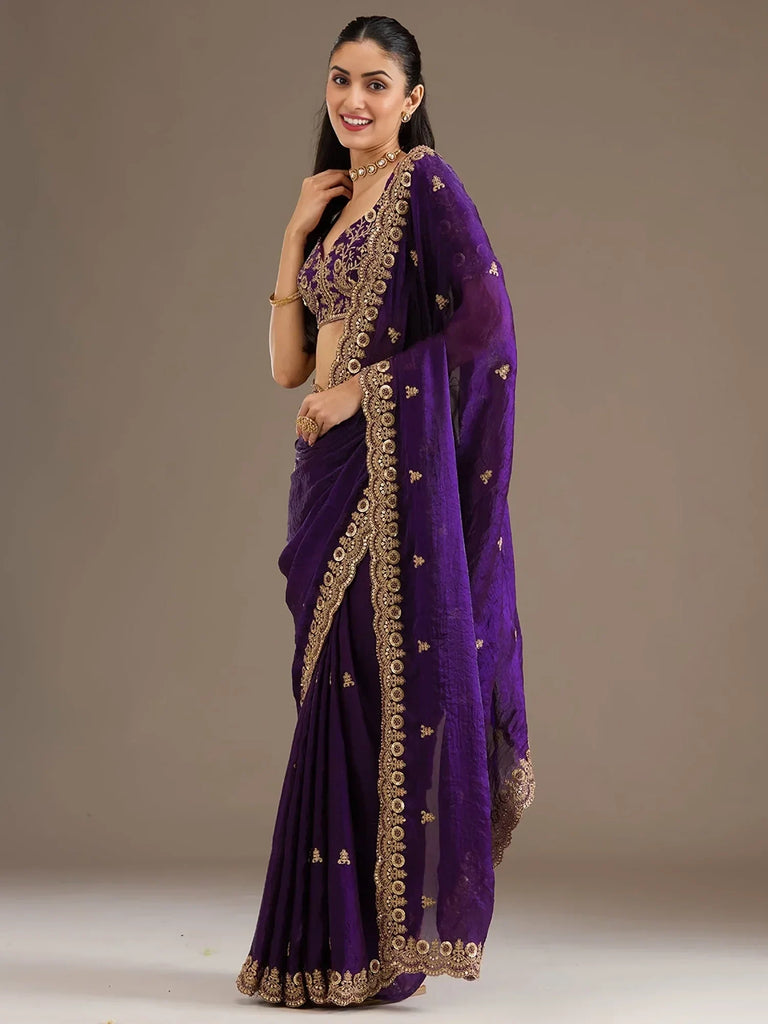 Beautiful Purple Zari Embroidered Silk Party Wear Saree With Blouse