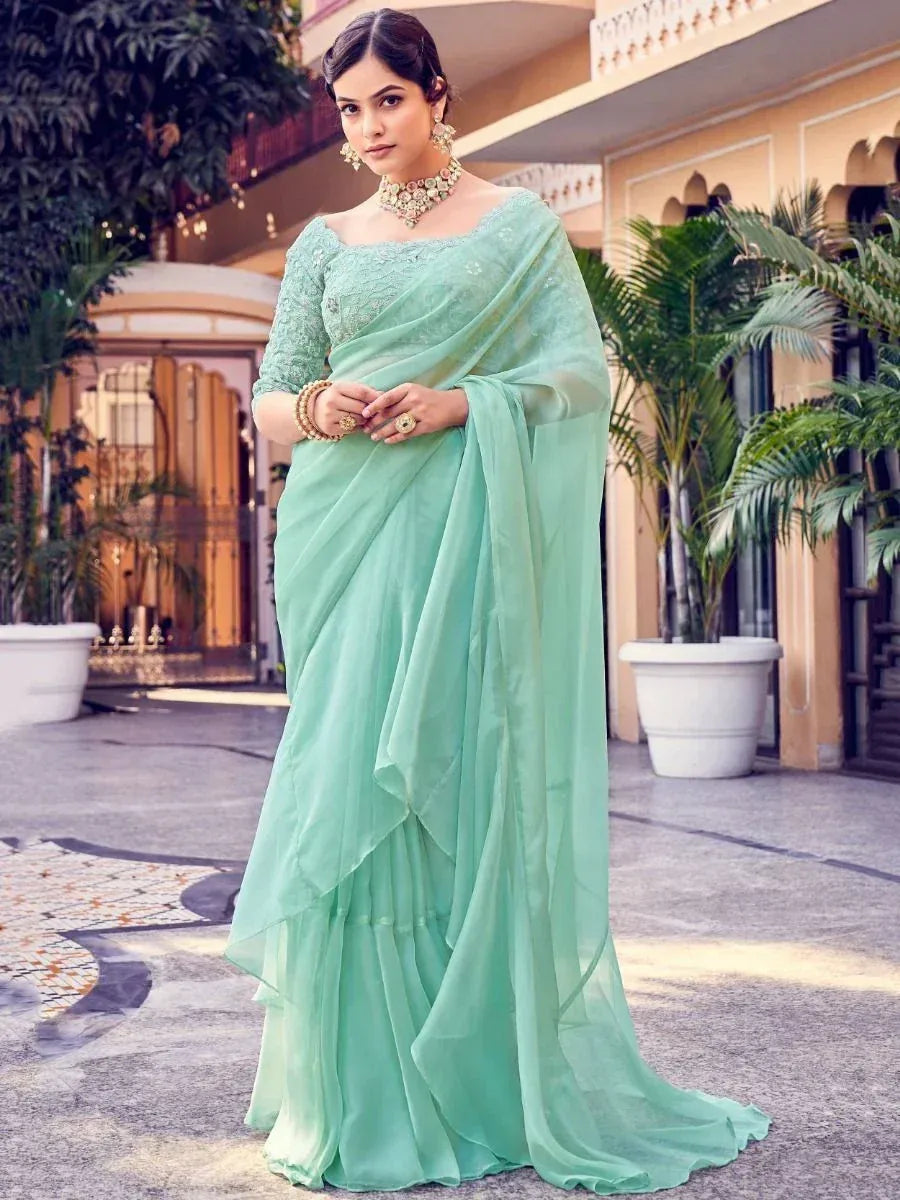 Classy Sea-green Sequins Organza Party Wear Ruffle Saree With Blouse