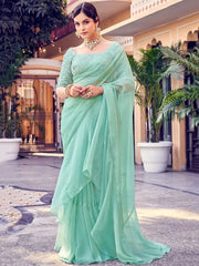 Classy Sea-green Sequins Organza Party Wear Ruffle Saree With Blouse