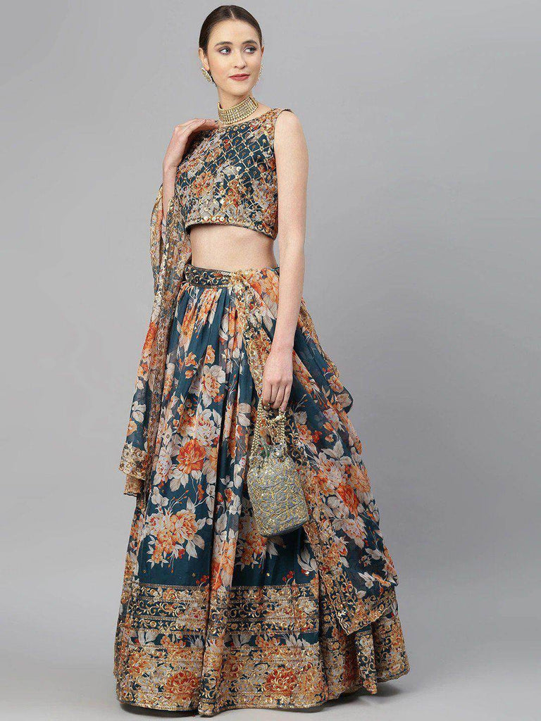 Blue & Peach-Coloured Embellished Sequinned Semi-Stitched Myntra Lehenga & Unstitched Blouse