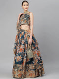 Blue & Peach-Coloured Embellished Sequinned Semi-Stitched Myntra Lehenga & Unstitched Blouse