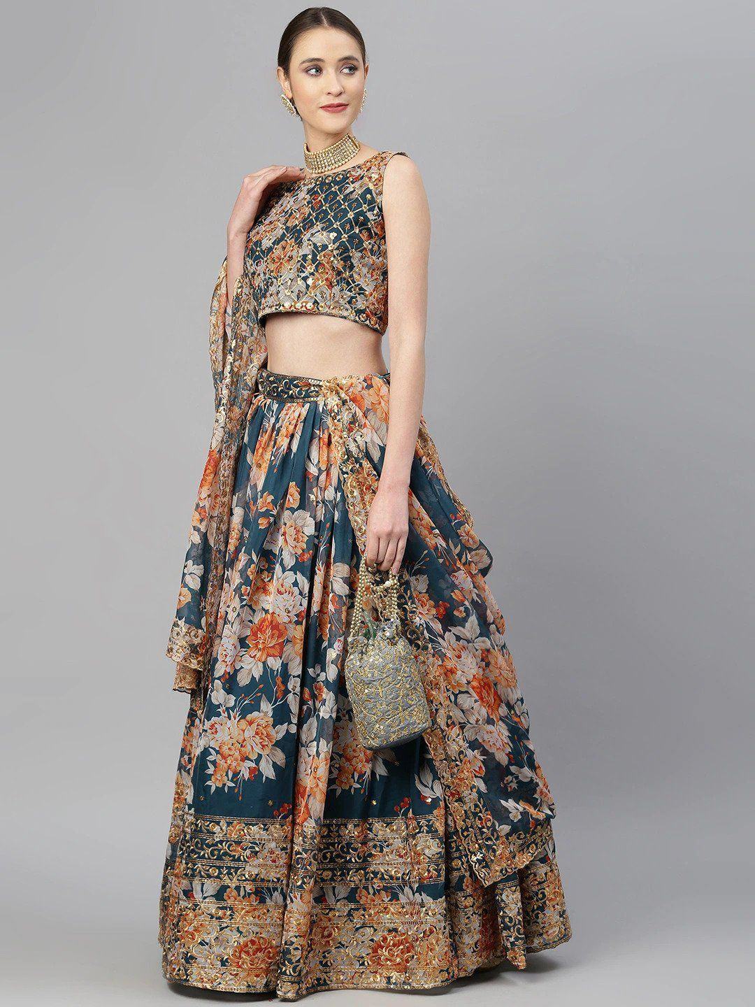 Blue & Peach-Coloured Embellished Sequinned Semi-Stitched Myntra Lehenga & Unstitched Blouse