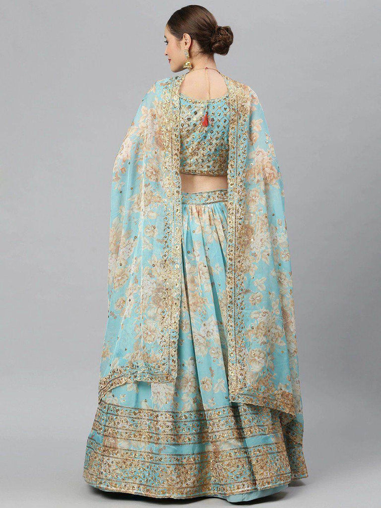 Blue & Peach-Coloured Embellished Sequinned Myntra Lehenga & Unstitched Blouse