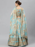 Blue & Peach-Coloured Embellished Sequinned Myntra Lehenga & Unstitched Blouse