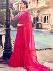 Ravishing Pink Sequins Orangza Party Wear Ruffle Saree With Blouse